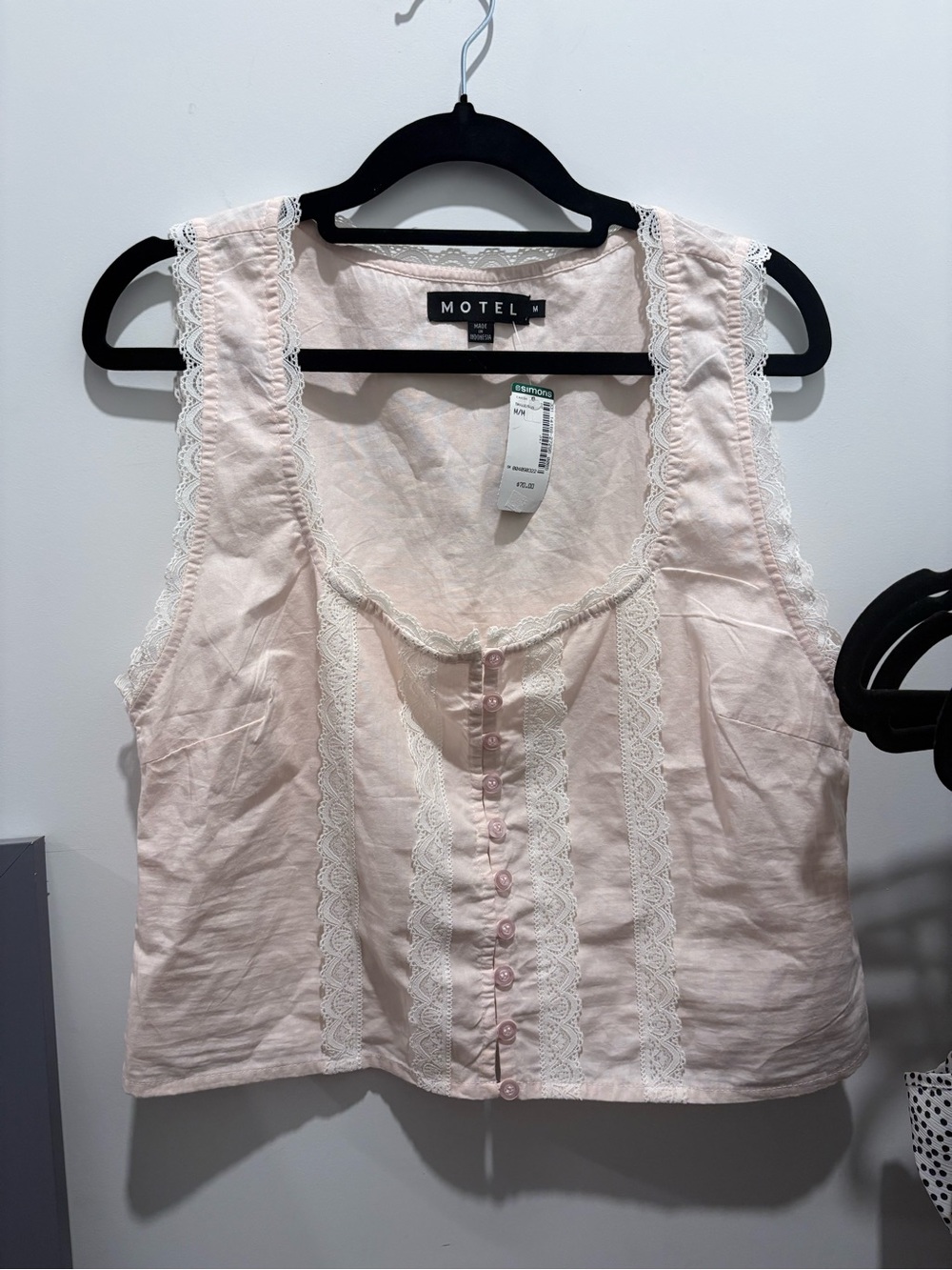 Motel Rocks Light Pink Lace-Trim Button Front Camisole